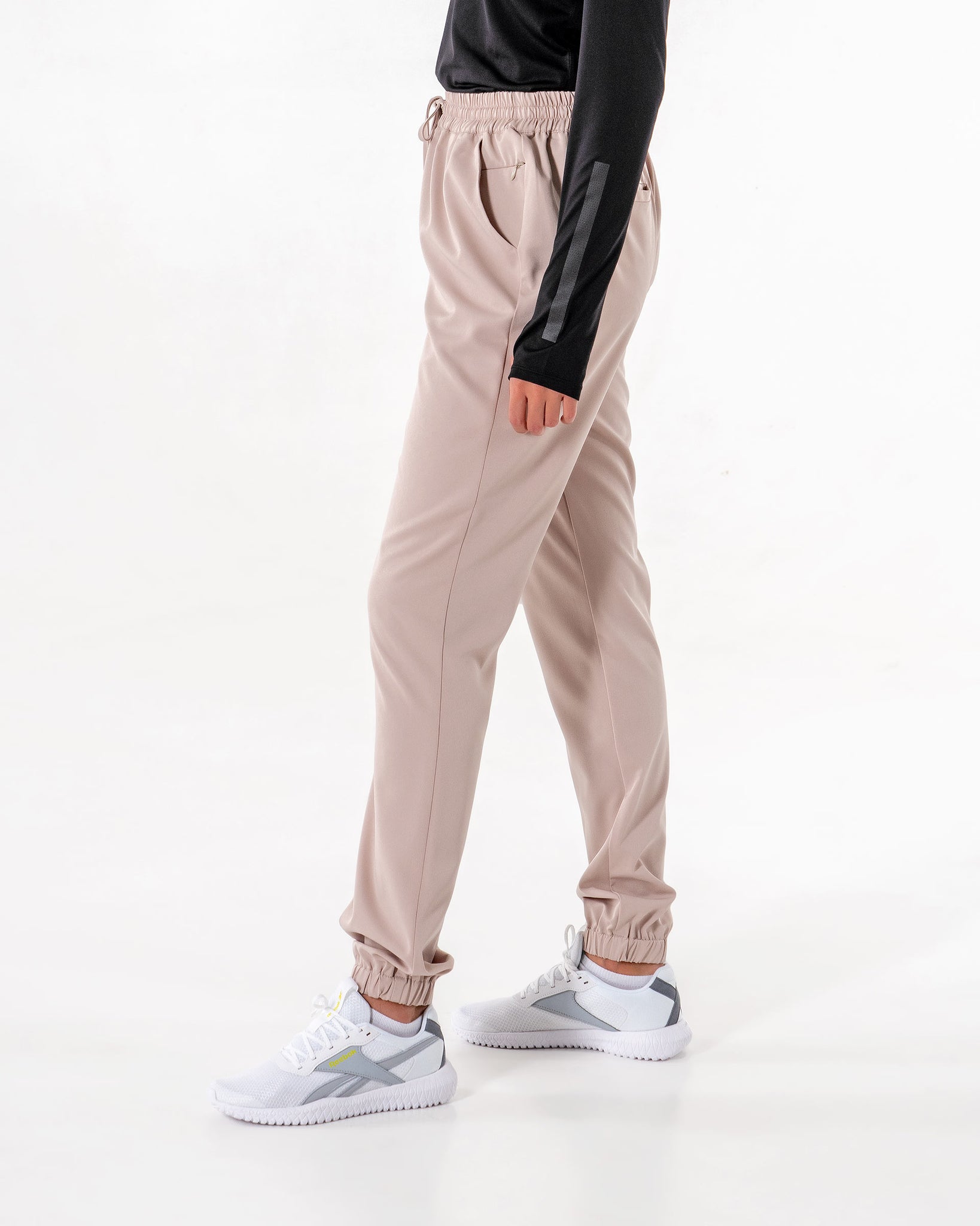 Glider Drawstring Jogger in beige by Veil Garments. Modest activewear collection.