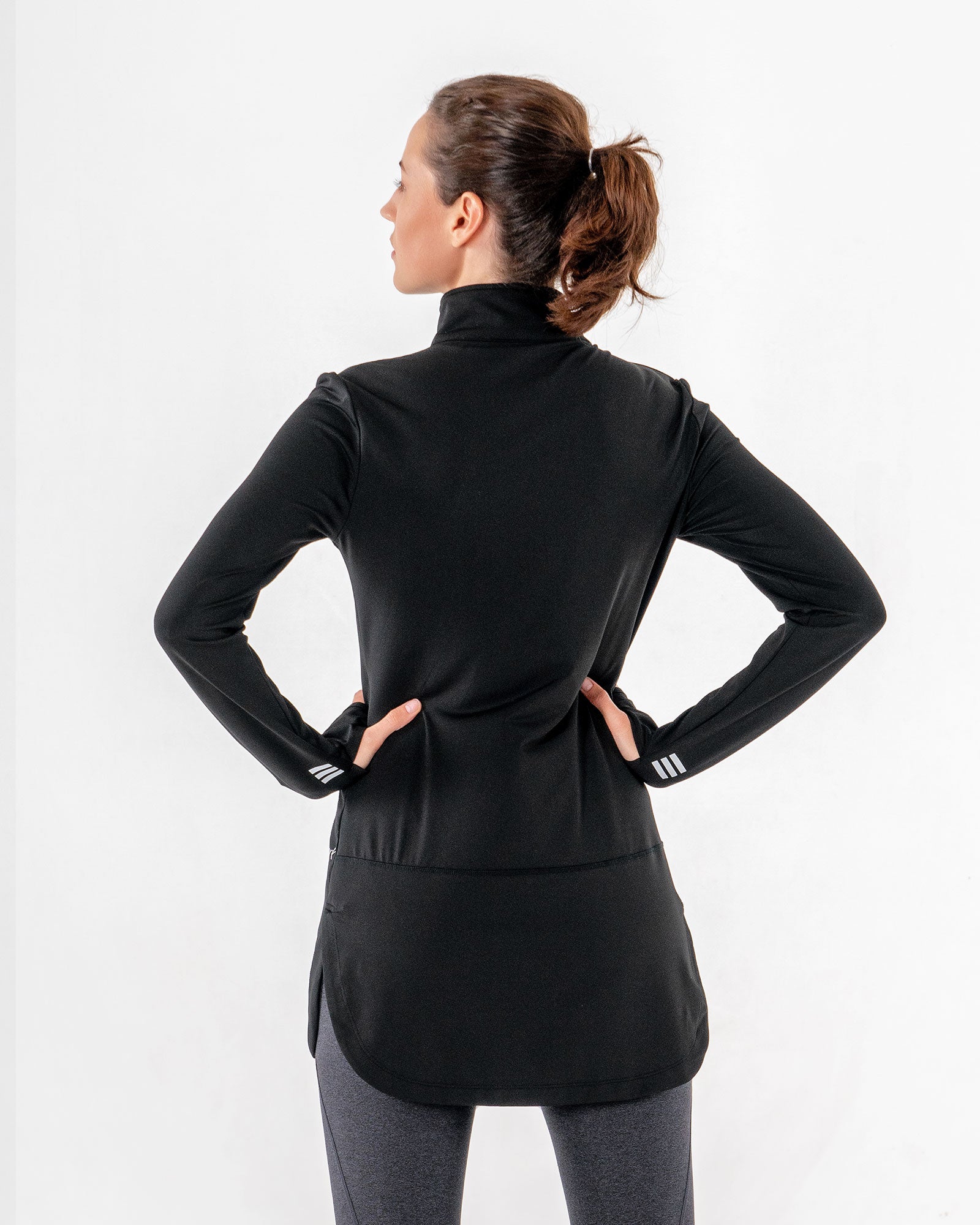 Spark Half-Zip in black by Veil Garments. Modest activewear collection.