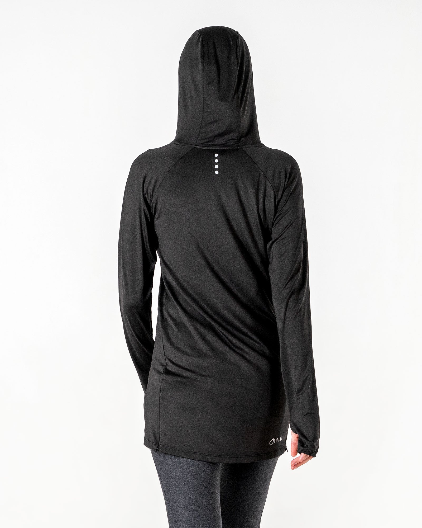 Halo Running Hoodie in black by Veil Garments. Modest activewear collection.