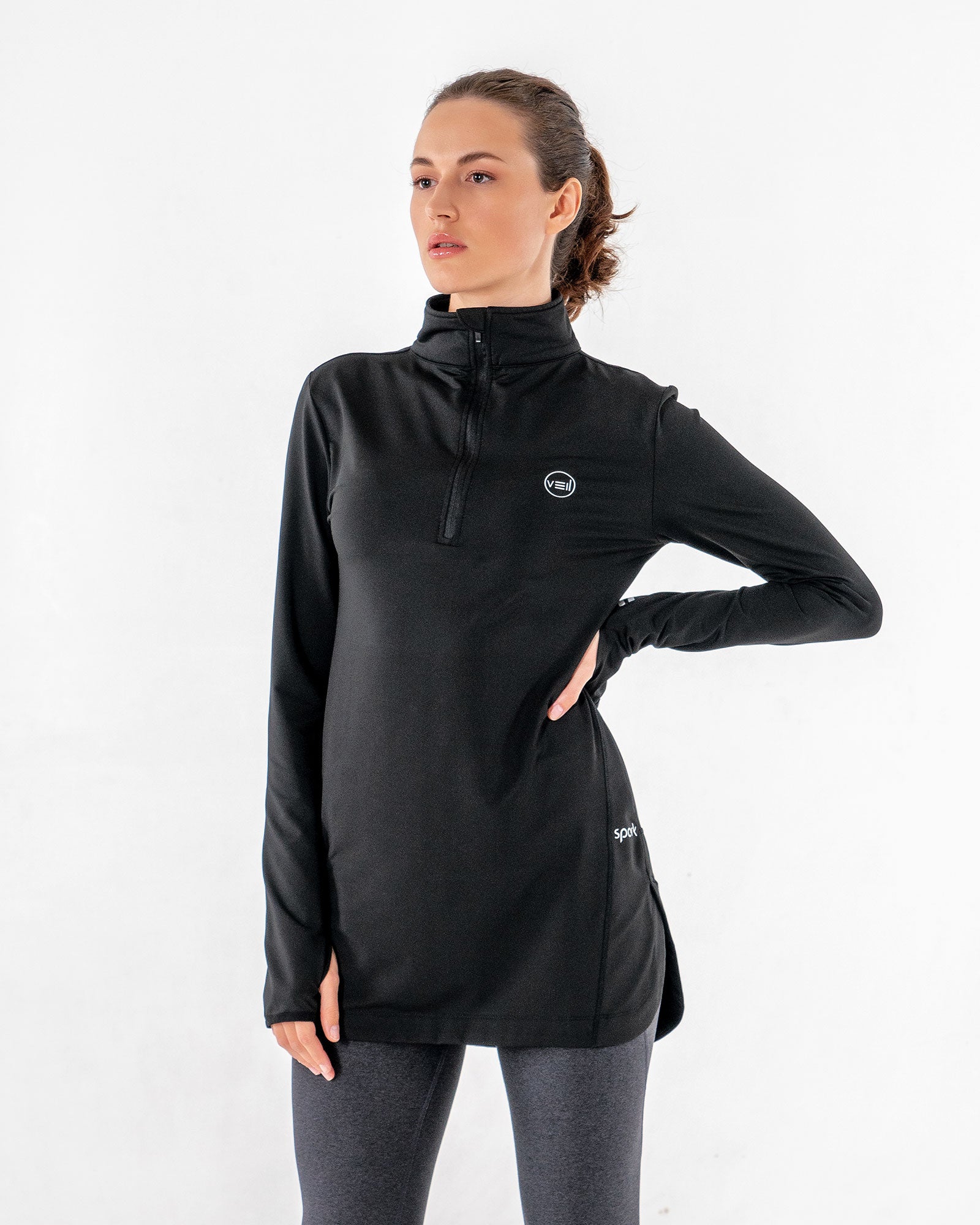Spark Half-Zip in black by Veil Garments. Modest activewear collection.