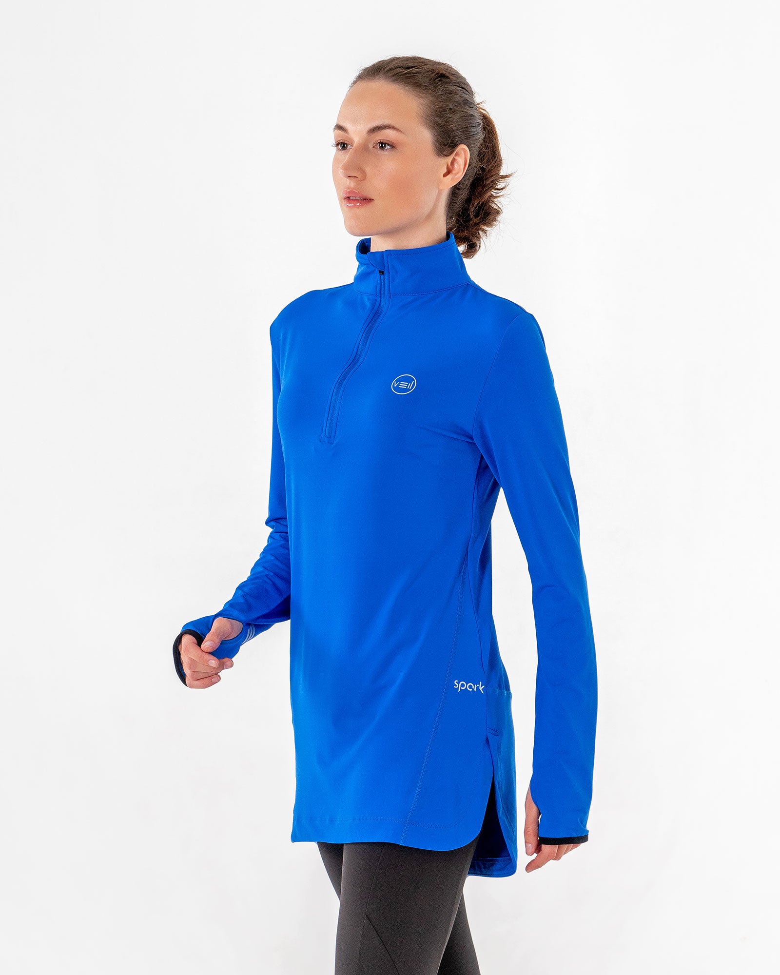 Spark Half-Zip in royal blue by Veil Garments. Modest activewear collection.