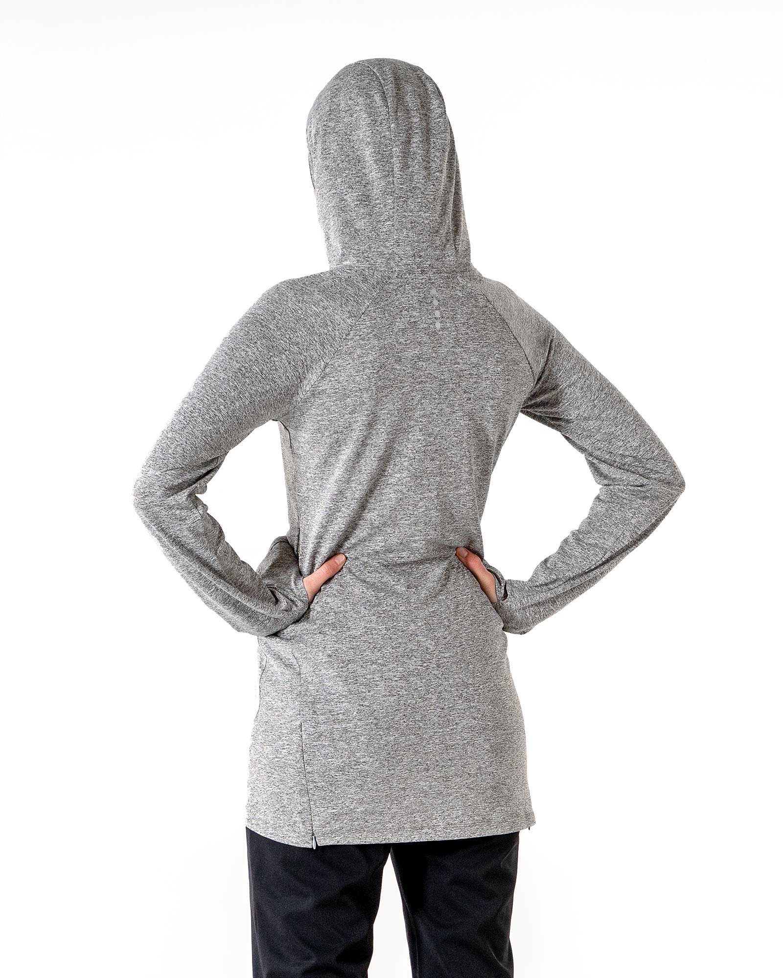 Halo Running Hoodie in heathered grey by Veil Garments. Modest activewear collection.
