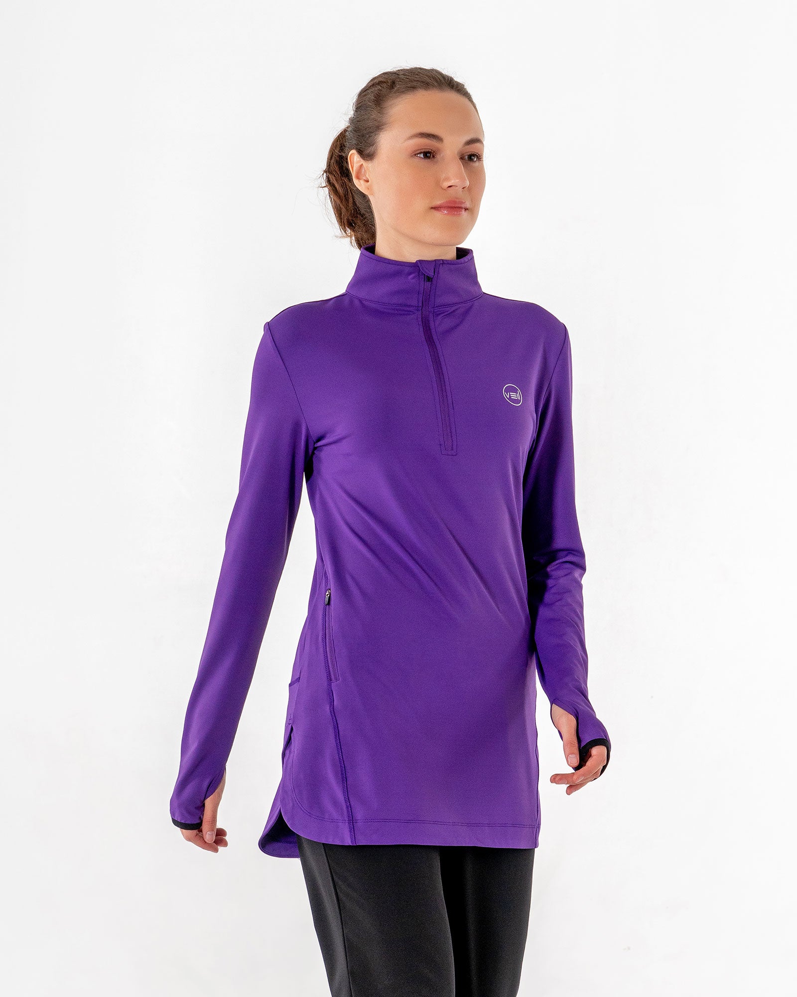 Spark Half-Zip in purple by Veil Garments. Modest activewear collection.