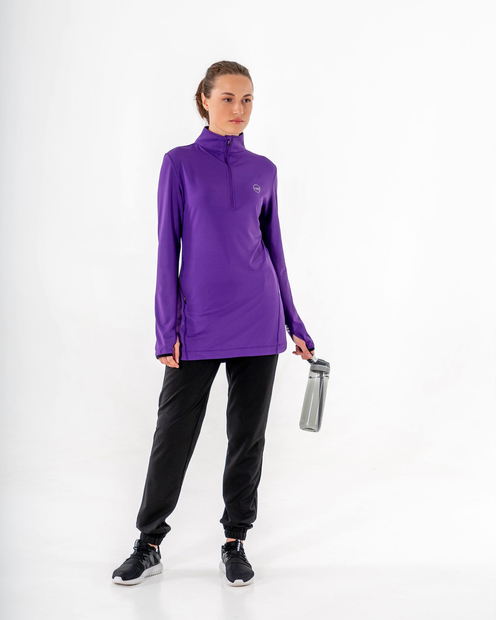 Spark Half-Zip in purple by Veil Garments. Modest activewear collection.