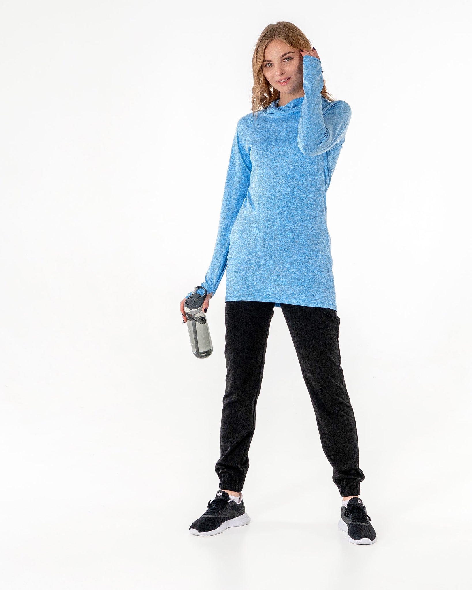 Halo Running Hoodie in heathered blue by Veil Garments. Modest activewear collection.