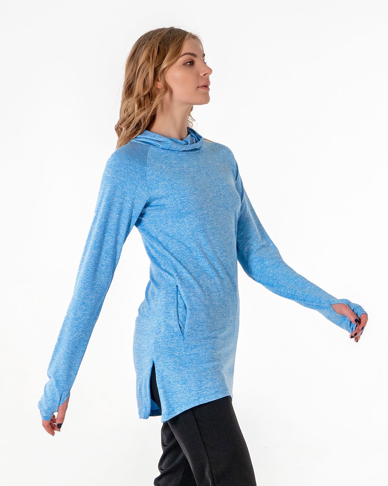 Halo Running Hoodie in heathered blue by Veil Garments. Modest activewear collection.