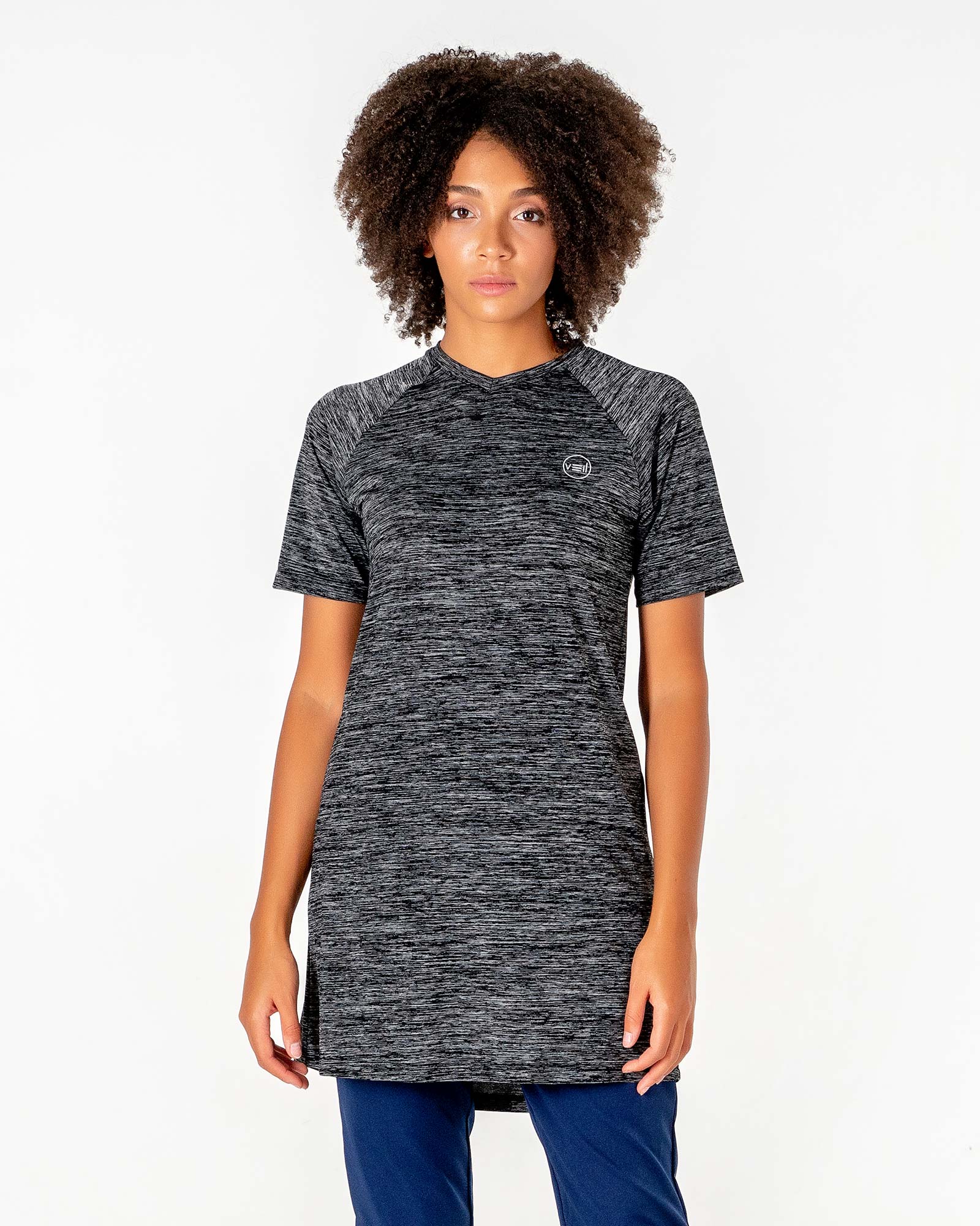 Connect T-Shirt Dress in Black by Veil Garments. Modest activewear collection.