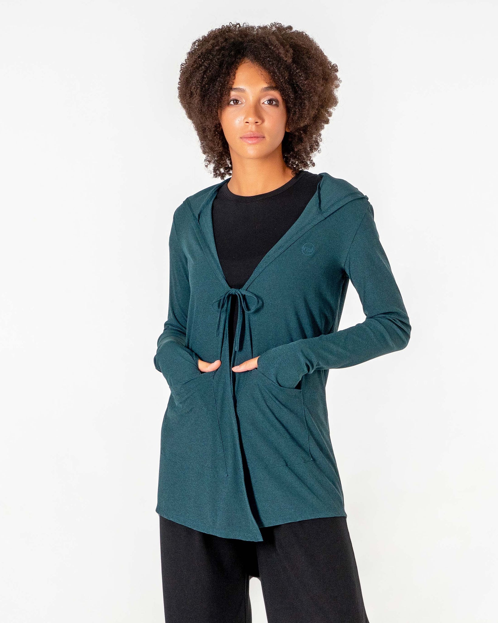 Move It Cardigan in emerald green by Veil Garments. Modest activewear collection.