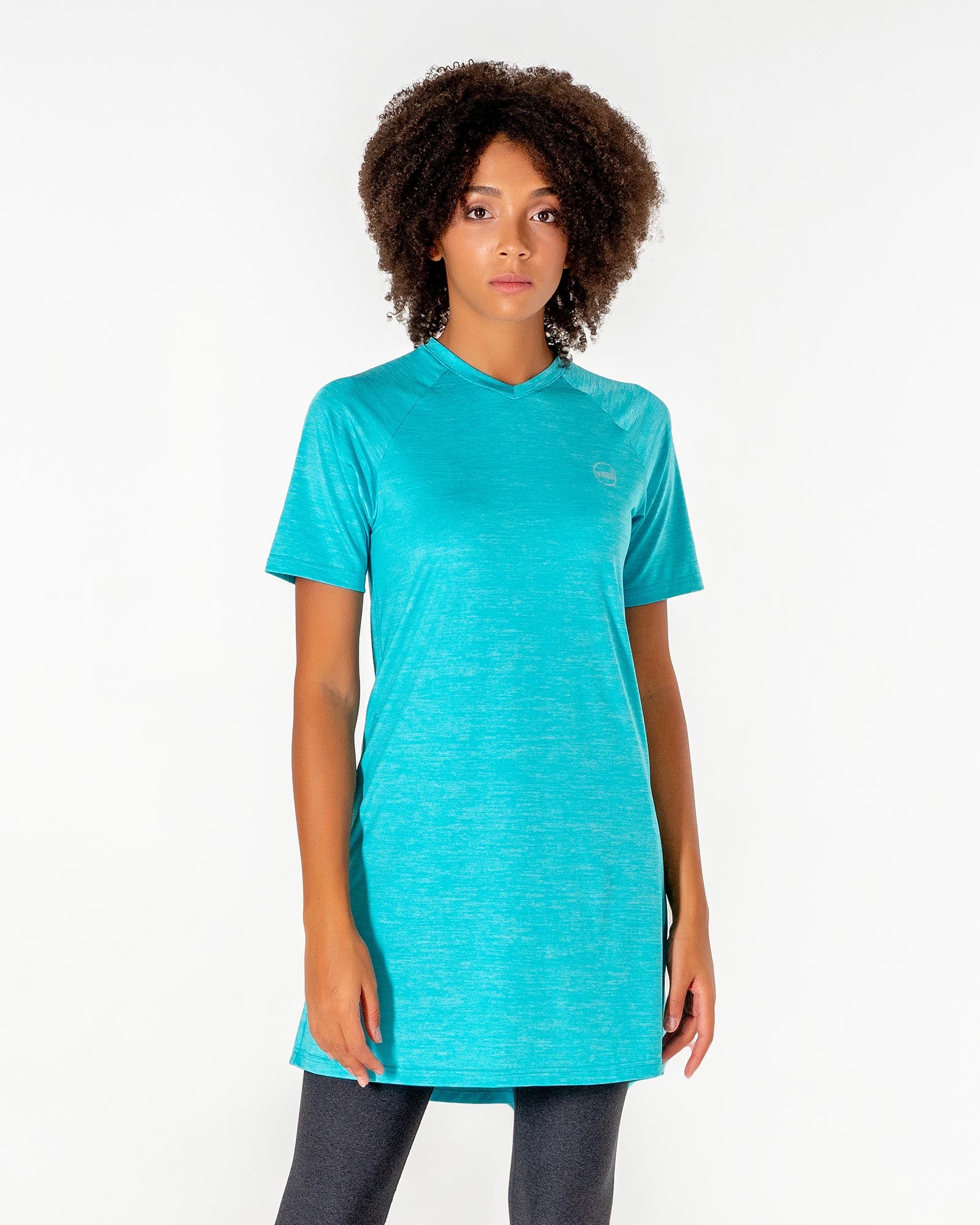 Connect T-Shirt Dress in Turquoise by Veil Garments. Modest activewear collection.