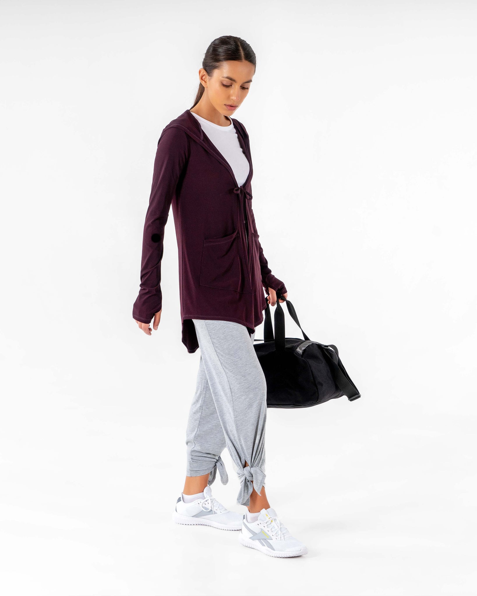 Move It Cardigan in burgundy by Veil Garments. Modest activewear collection.