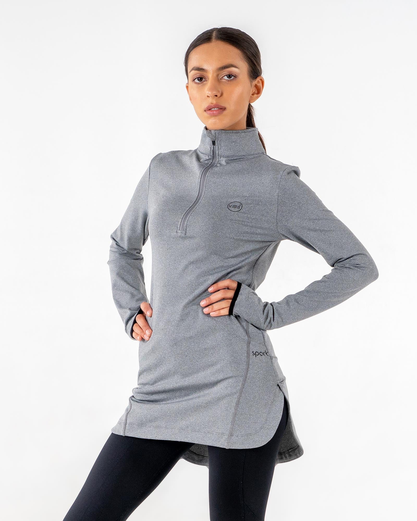 Spark Half-Zip in charcoal grey by Veil Garments. Modest activewear collection.