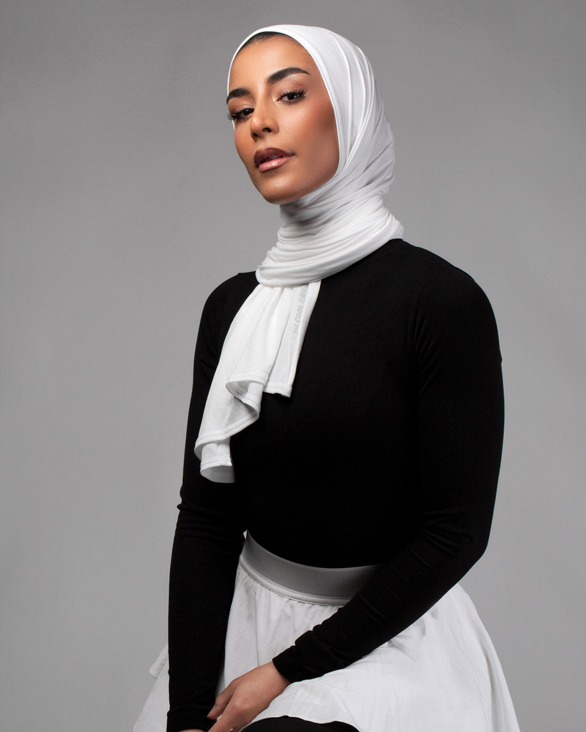 Cool Dry Shawl 2.0 in white by Veil Garments. Sports hijab collection.