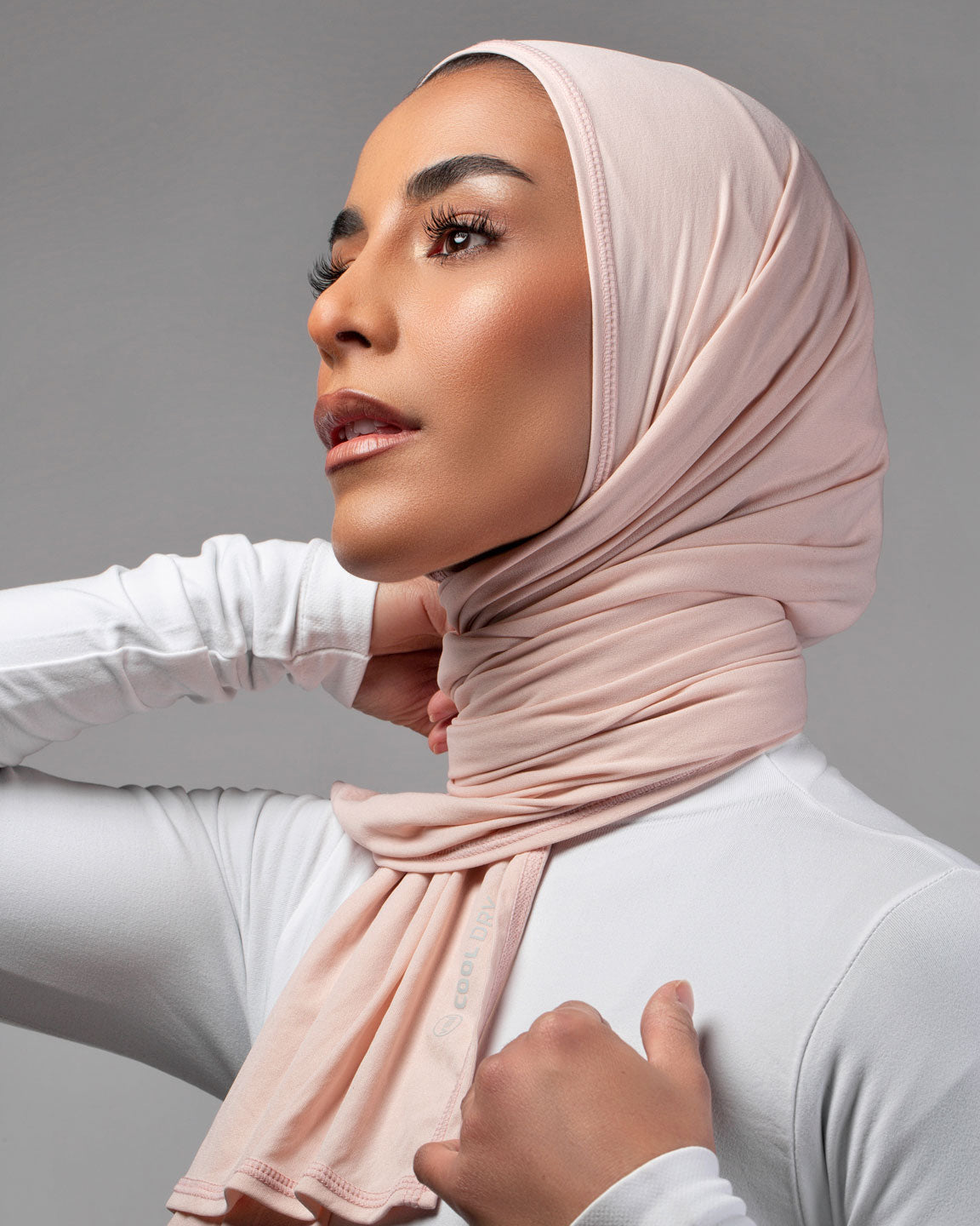 Cool Dry Shawl 2.0 in sepia rose by Veil Garments. Sports hijab collection.