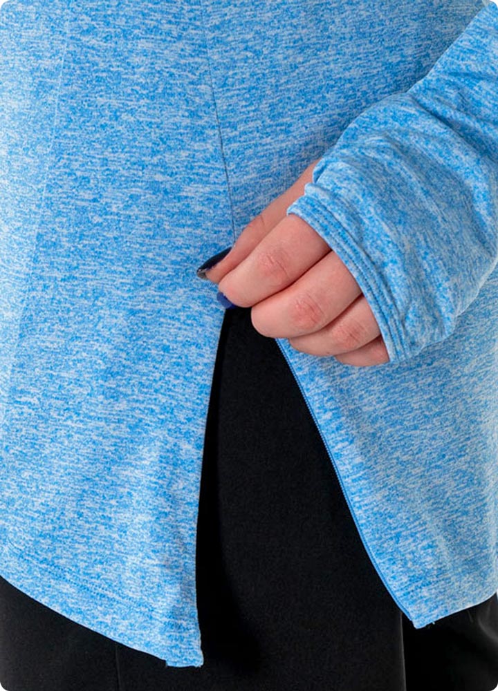 Veil Garments Halo Running Hoodie features: Adjustable coverage panels keep modesty intact without the ride up