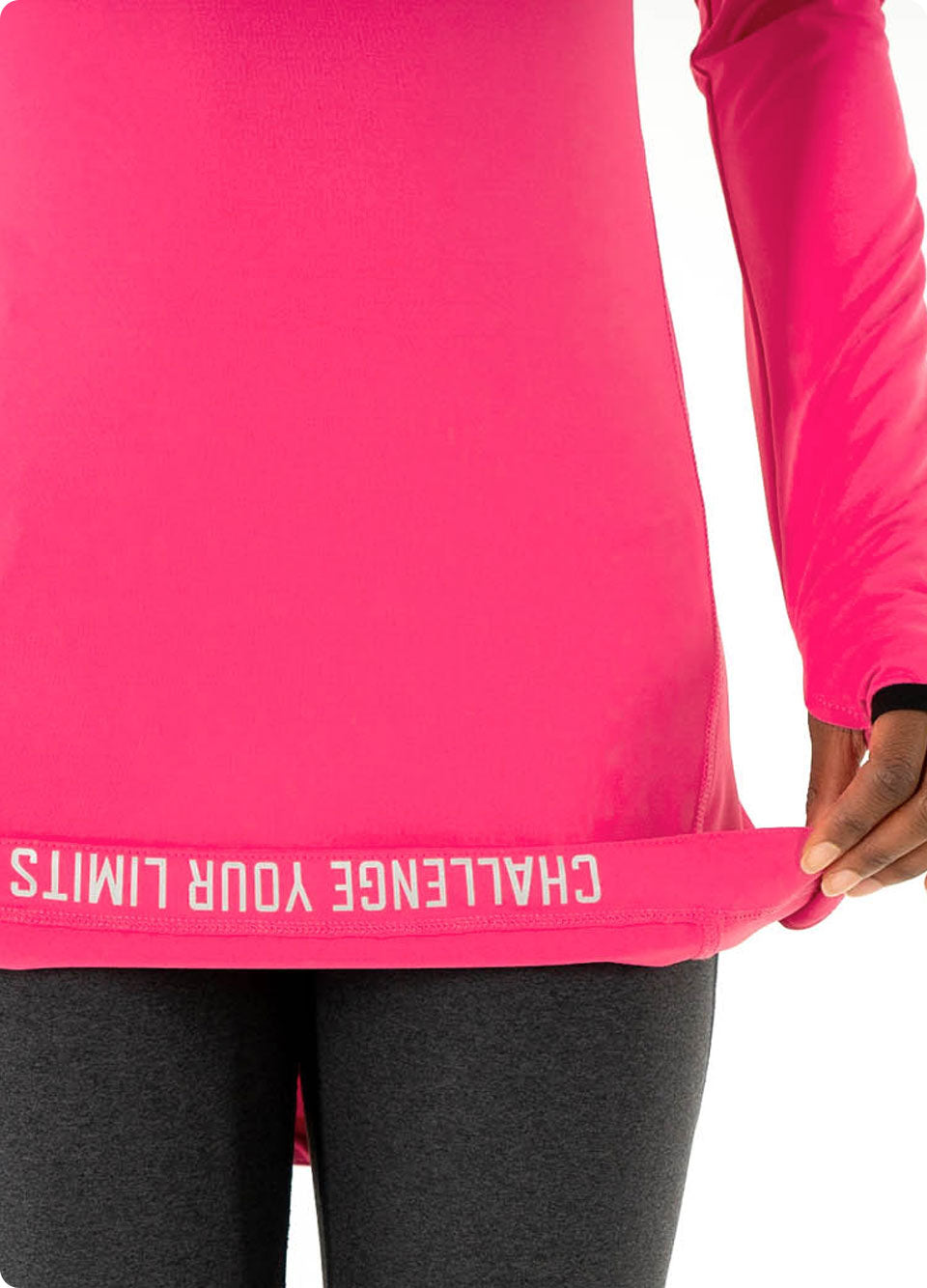 Veil Garments Spark Half-Zip features: Printed motivational quote underneath front hem 