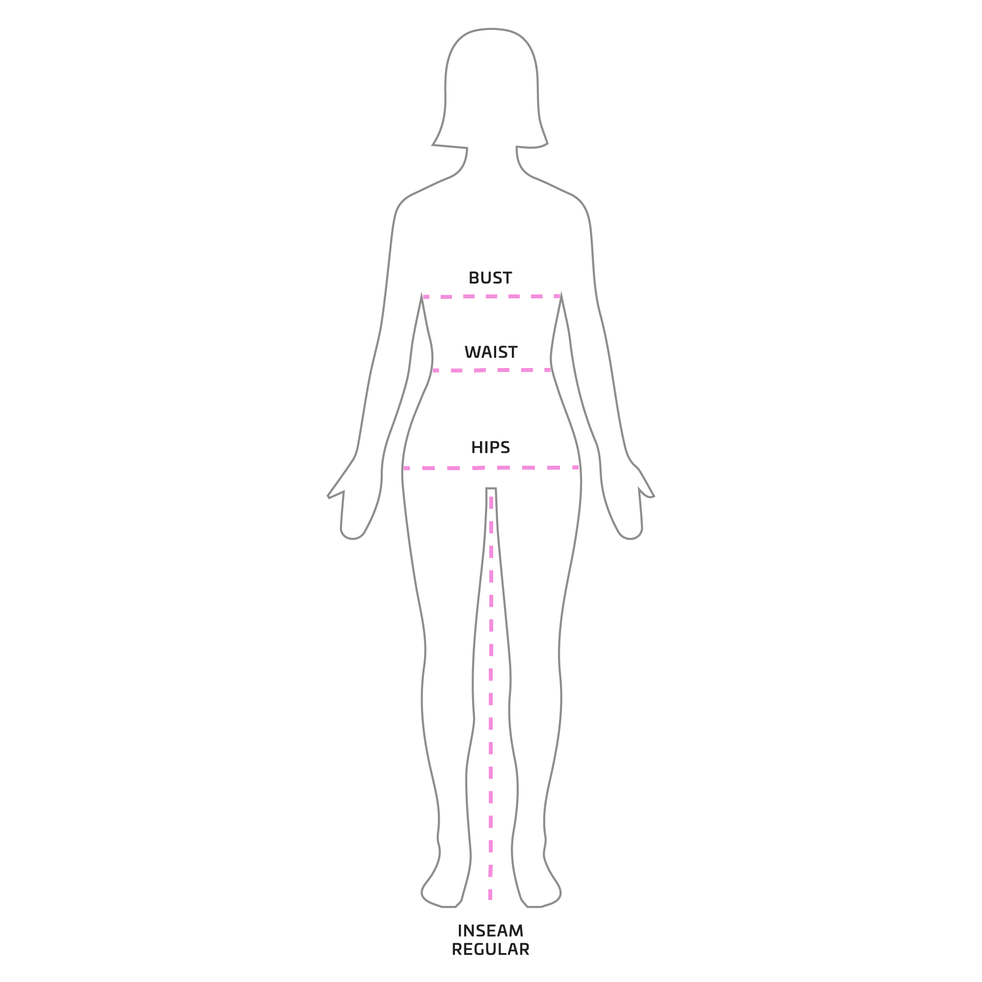 A female figure showing various measurement labels including bust, waist, hips, and inseam to help customer find the right size.