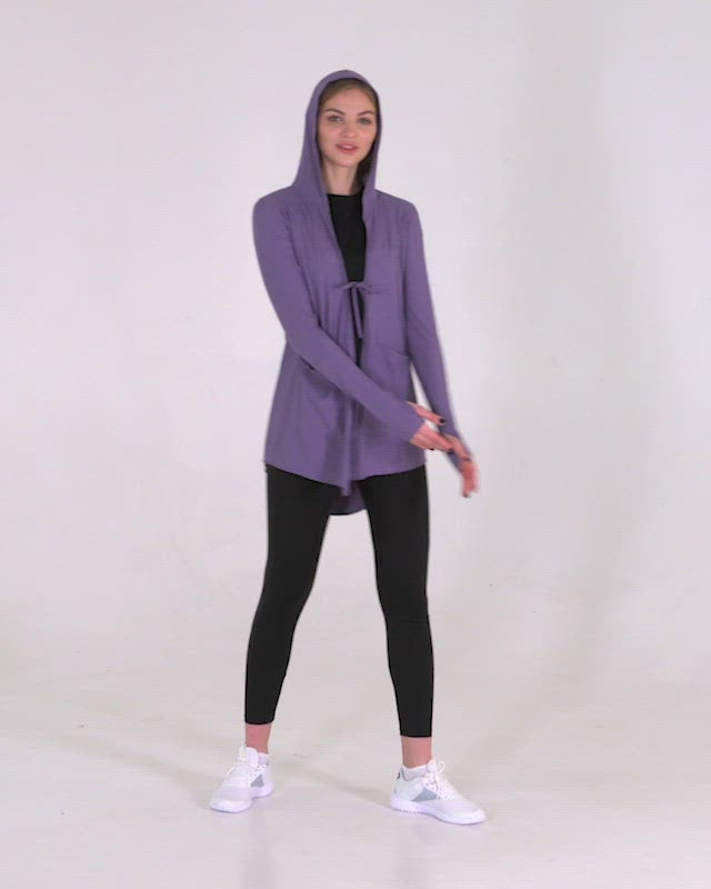 Move It Cardigan in lavender by Veil Garments. Modest activewear collection.
