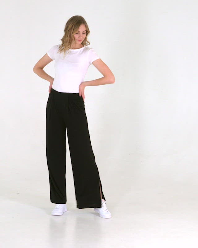Swift Wide-Leg Sweatpant in black by Veil Garments. Modest activewear collection.