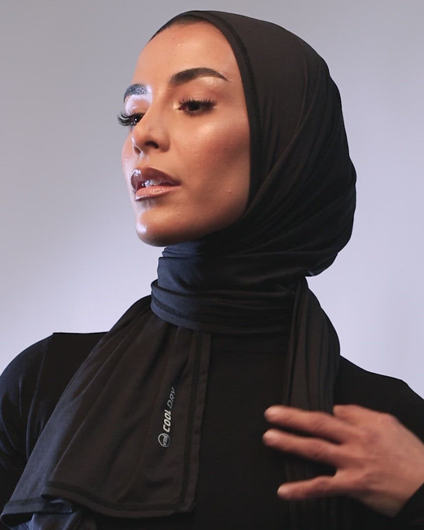 Cool Dry Shawl 2.0 in black by Veil Garments. Sports hijab collection.