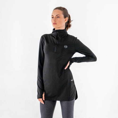 Spark Half-Zip in black from the front, zip closed at the mock neck and the chest logo visible.

#color_thumbnail