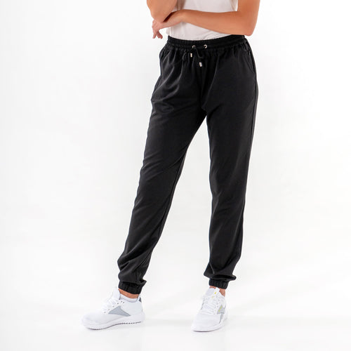 Glider Drawstring Jogger in black, front view from the waist down, showing the drawstring waist and ruched ankles.

#color_thumbnail
