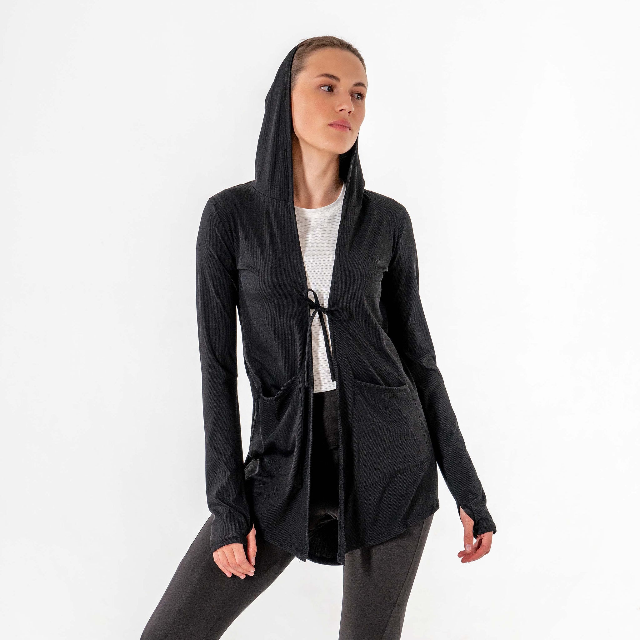 Move It Cardigan in black by Veil Garments. Modest activewear collection.