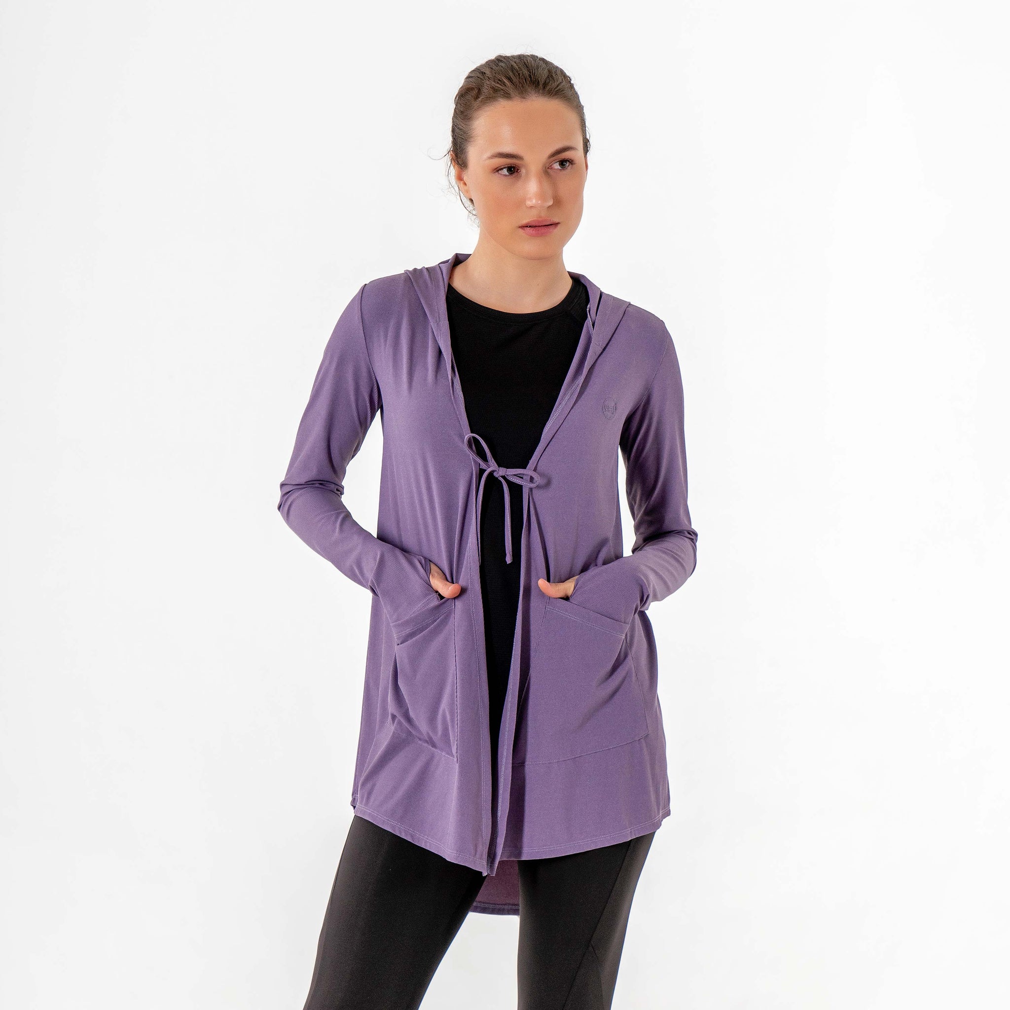 Move It Cardigan in lavender by Veil Garments. Modest activewear collection.