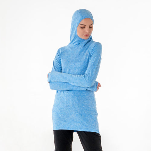Halo Running Hoodie in heathered blue, close crop on the hood up and the long sleeves crossed.

#color_thumbnail