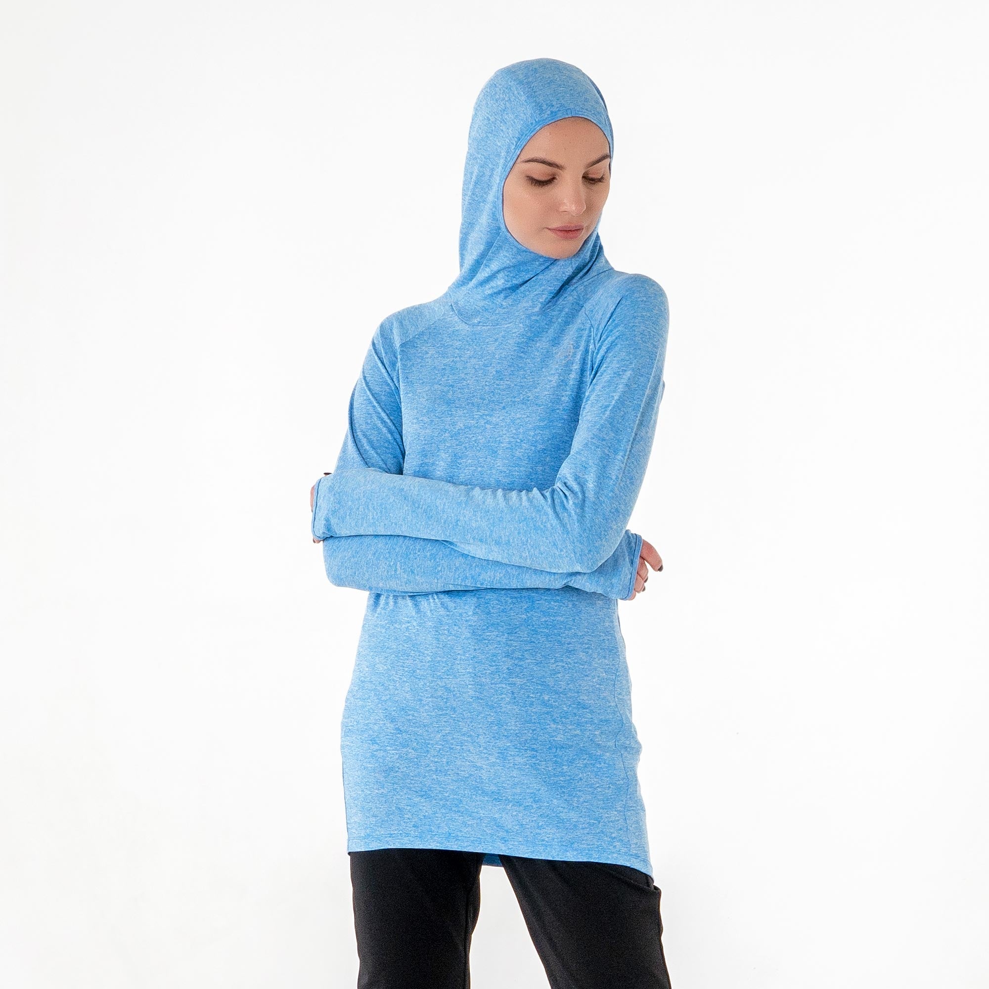 Halo Running Hoodie in heathered blue by Veil Garments. Modest activewear collection.