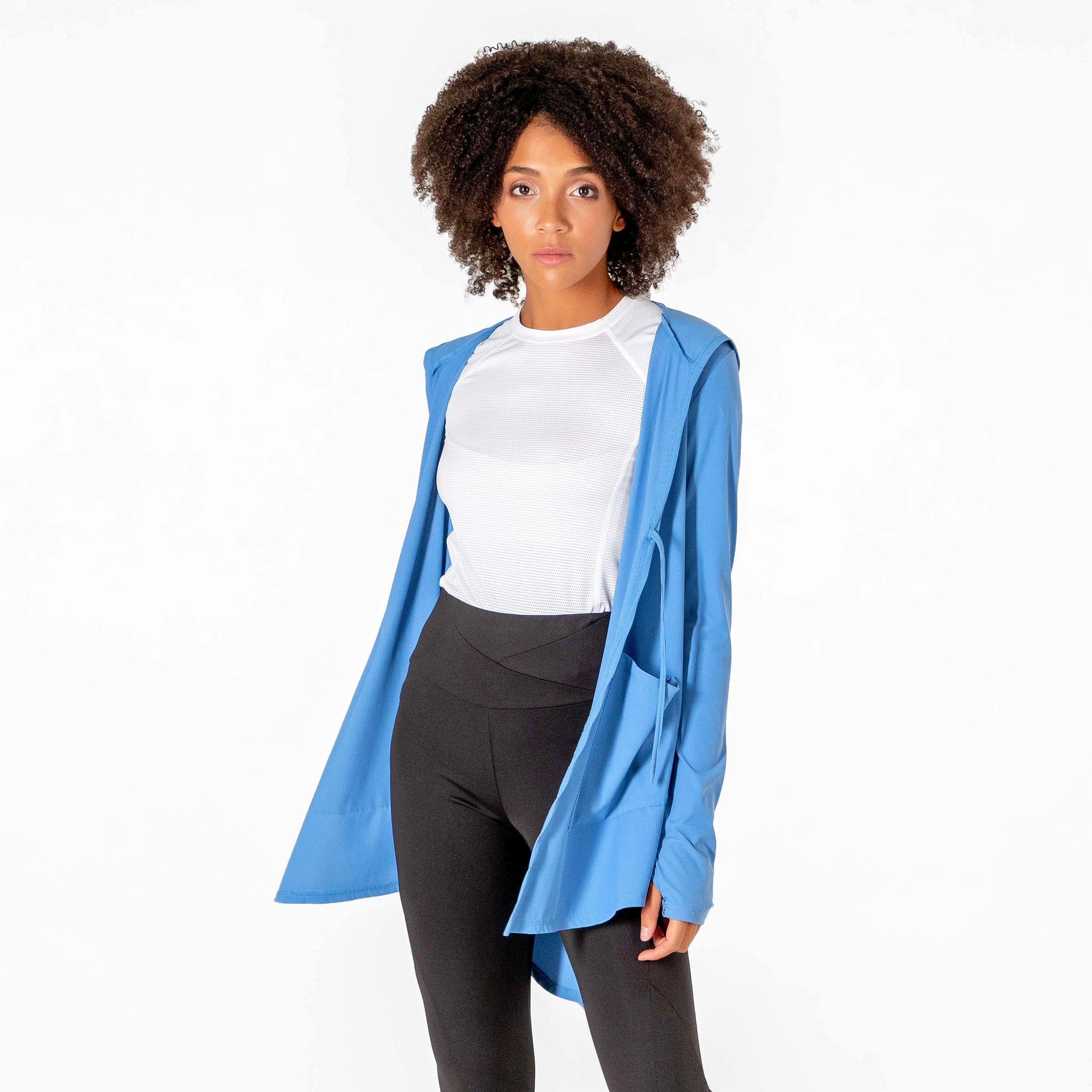 Move It Cardigan in light blue by Veil Garments. Modest activewear collection.