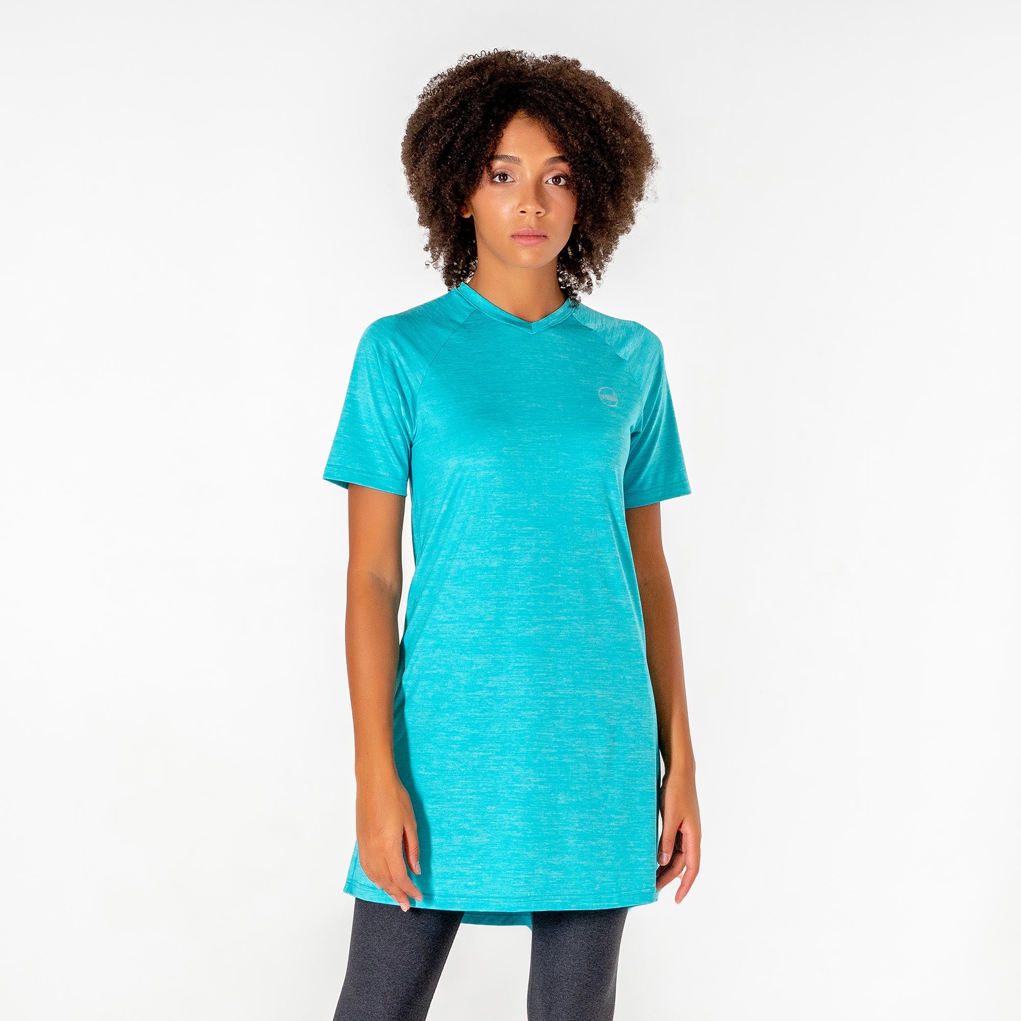 Connect T-Shirt Dress in Turquoise by Veil Garments. Modest activewear collection.