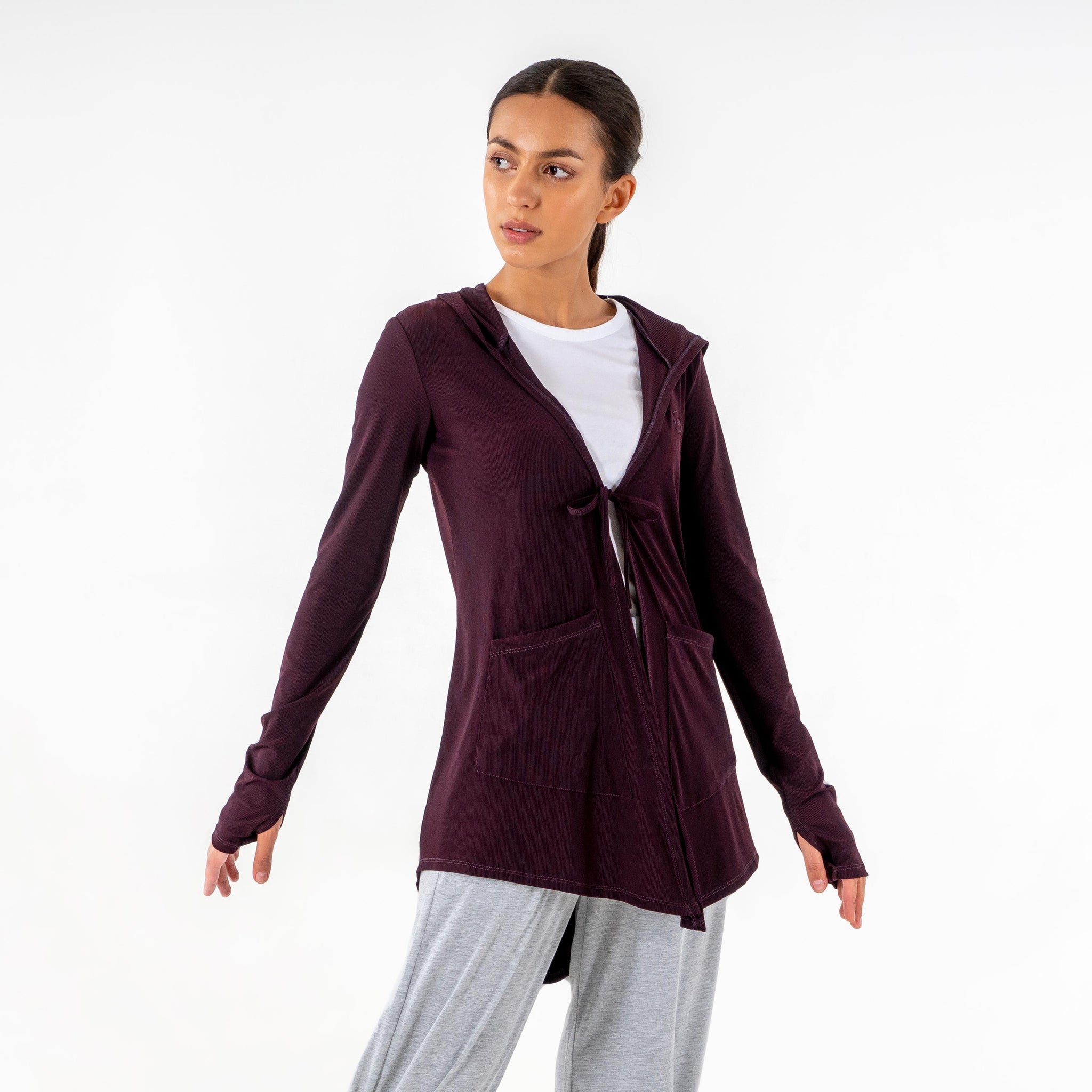 Move It Cardigan in burgundy by Veil Garments. Modest activewear collection.