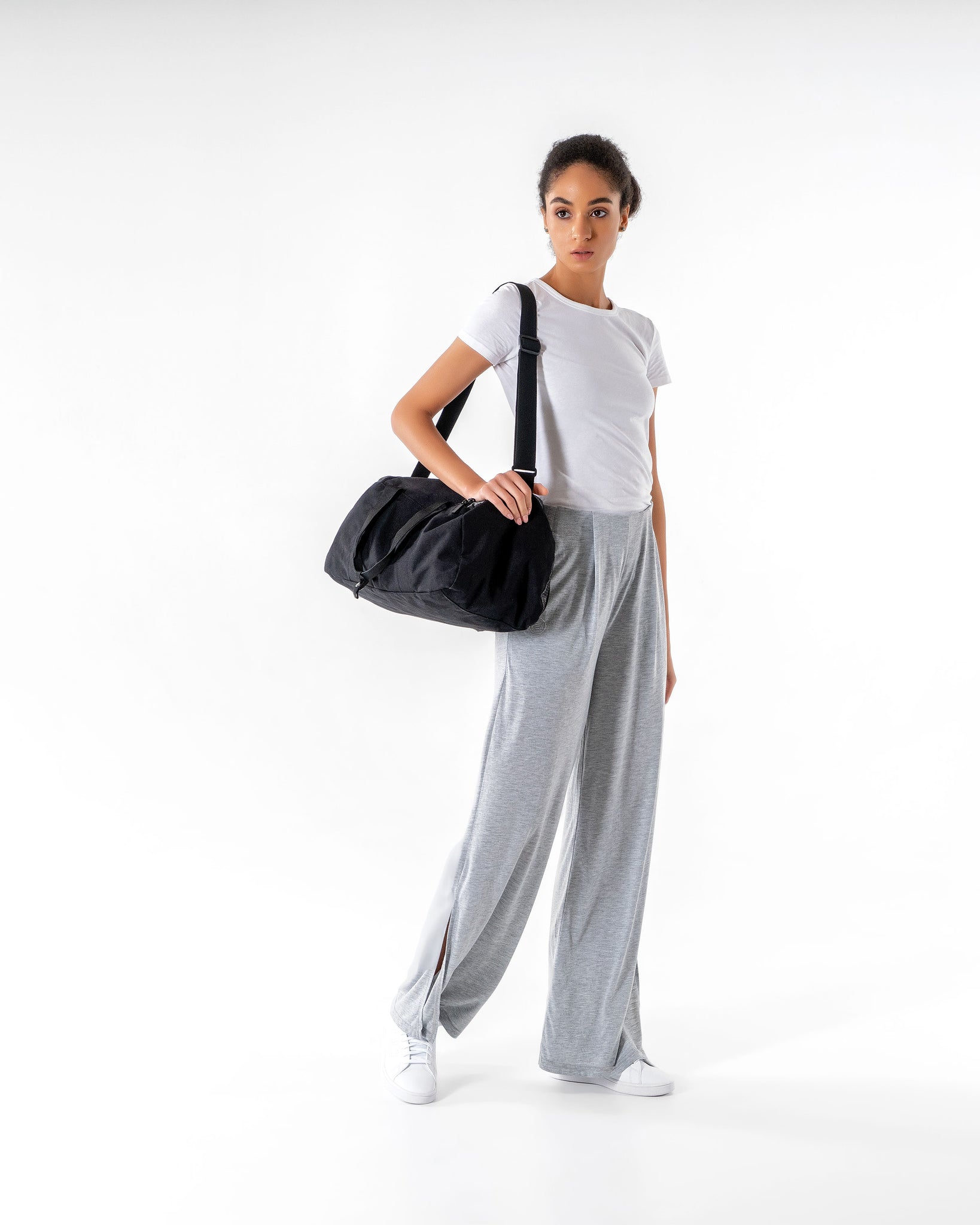Swift Wide-Leg Sweatpant in light grey by Veil Garments. Modest activewear collection.