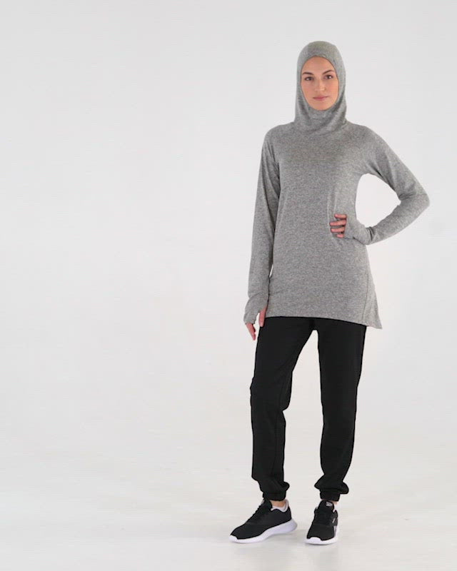 Halo Running Hoodie in heathered grey by Veil Garments. Modest activewear collection.