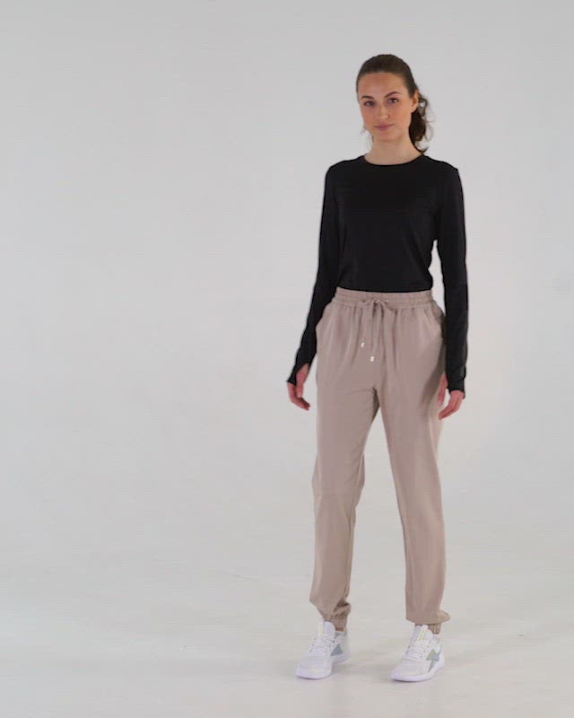 Glider Drawstring Jogger in beige by Veil Garments. Modest activewear collection.
