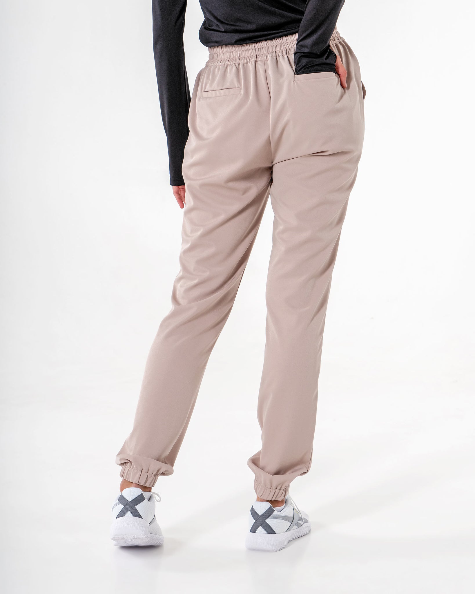 Glider Drawstring Jogger in beige by Veil Garments. Modest activewear collection.