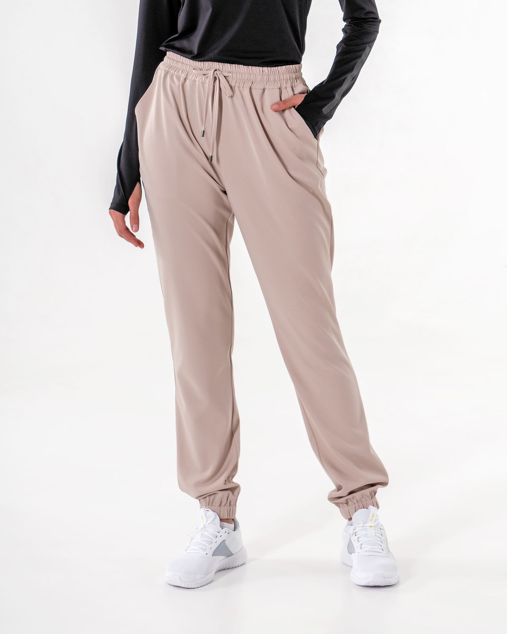 Glider Drawstring Jogger in beige by Veil Garments. Modest activewear collection.