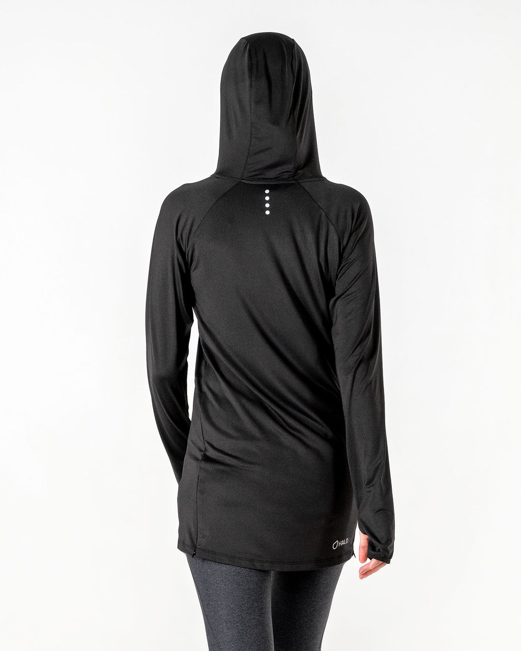 Back of the black Halo Running Hoodie, hood up, with reflective dots below the hood and thumbholes at the cuffs.

#color_black