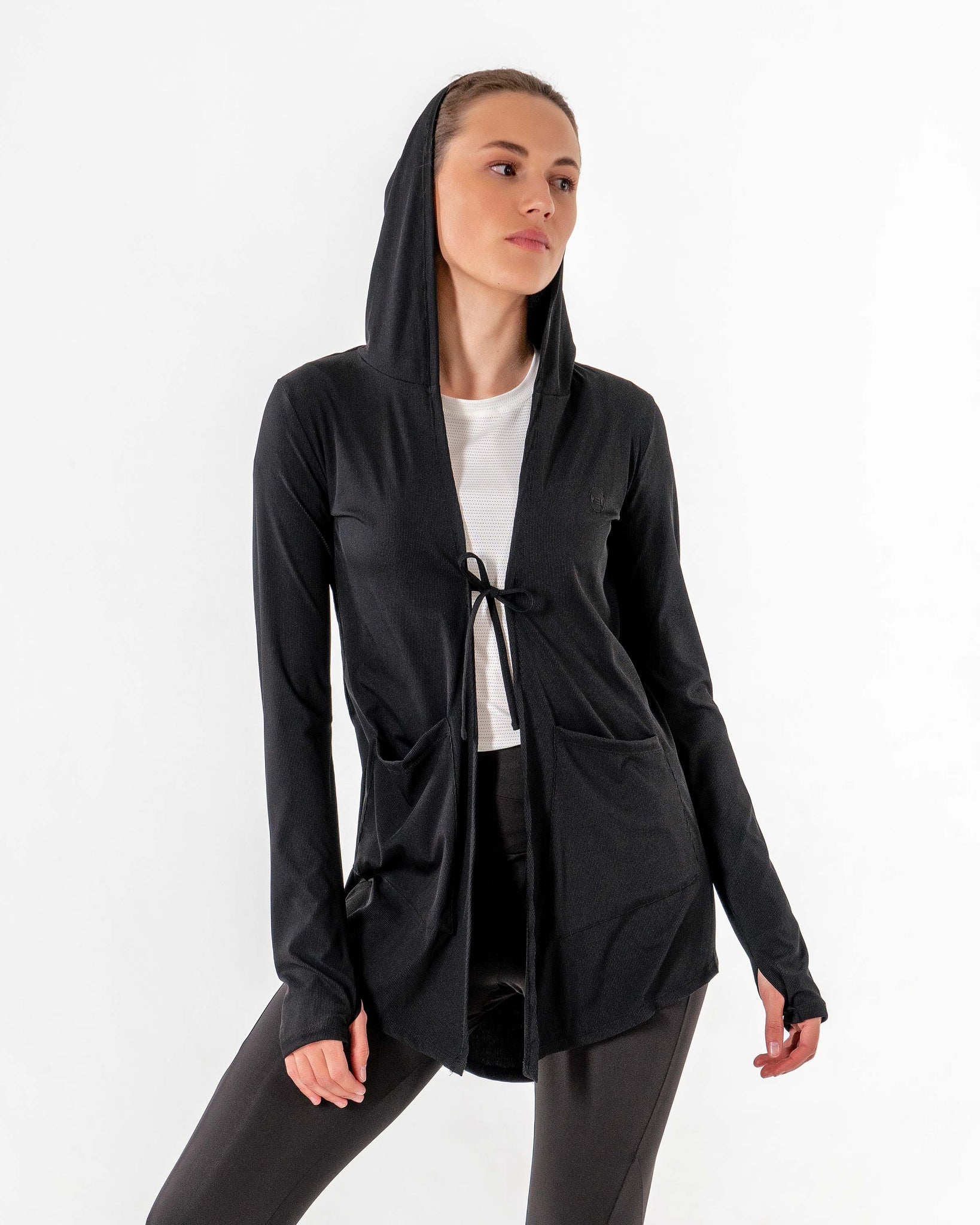 Move It Cardigan in black by Veil Garments. Modest activewear collection.
