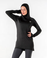 Front of the black Halo Running Hoodie with the hood up, Veil logo on the chest and the hem sitting below the hip.

#color_black