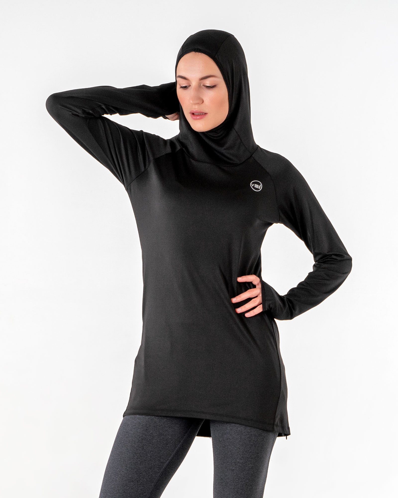 Halo Running Hoodie in black by Veil Garments. Modest activewear collection.