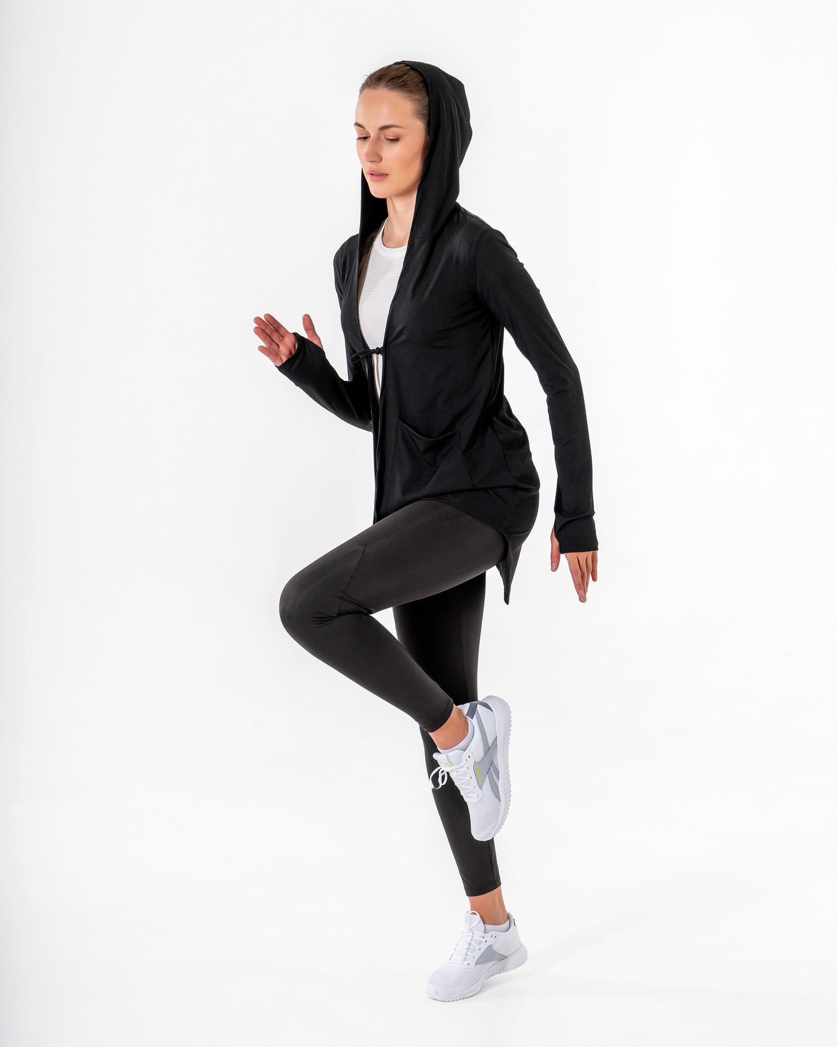 Move It Cardigan in black by Veil Garments. Modest activewear collection.