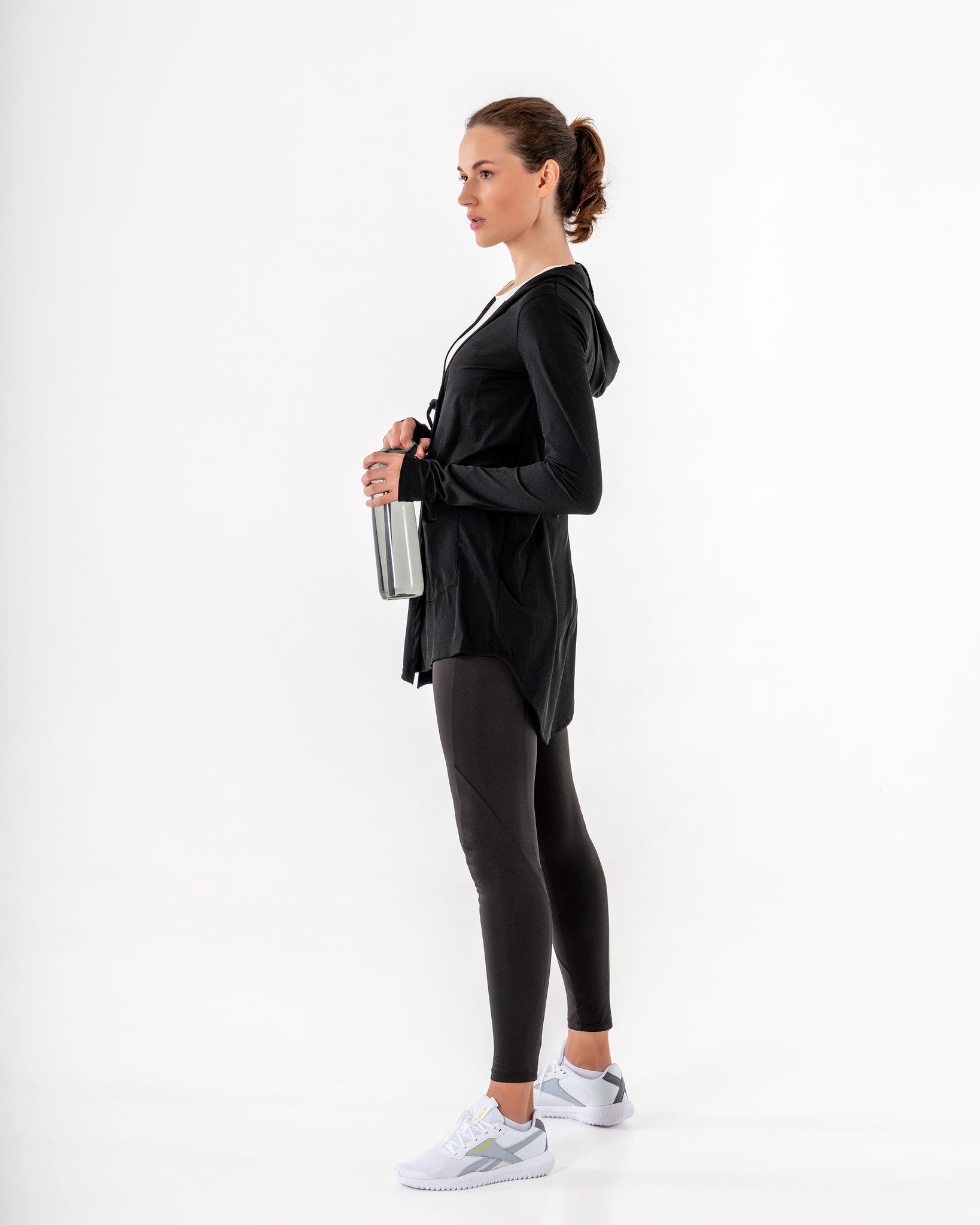 Move It Cardigan in black by Veil Garments. Modest activewear collection.