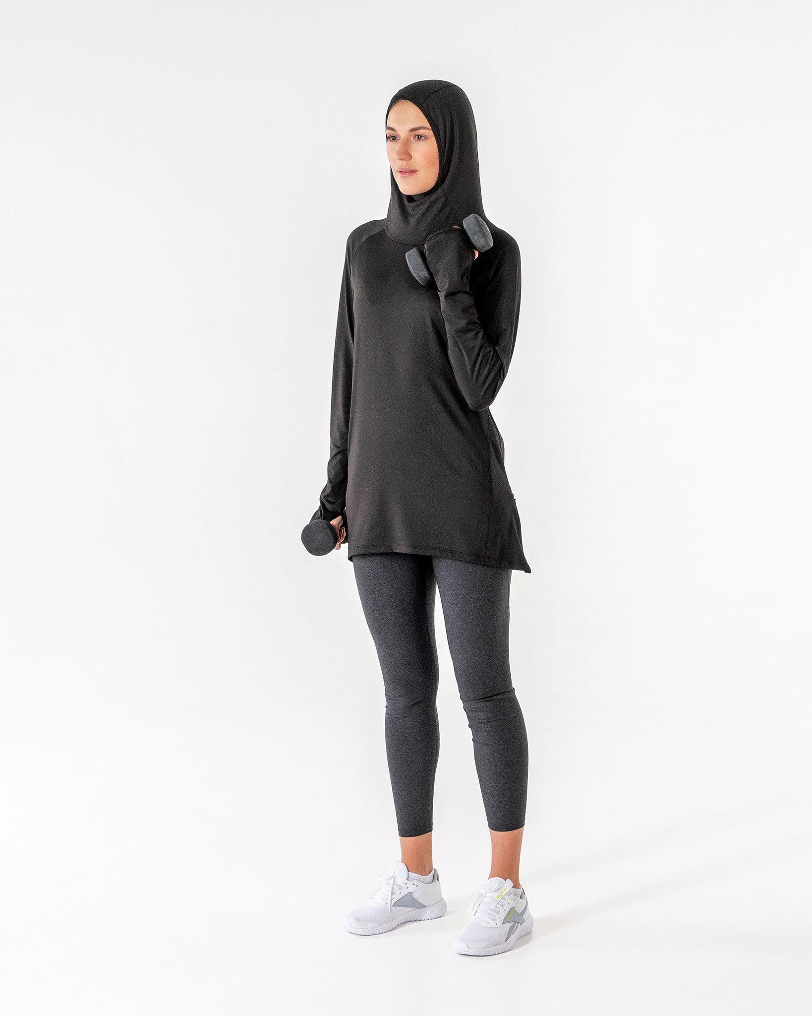 Halo Running Hoodie in black by Veil Garments. Modest activewear collection.