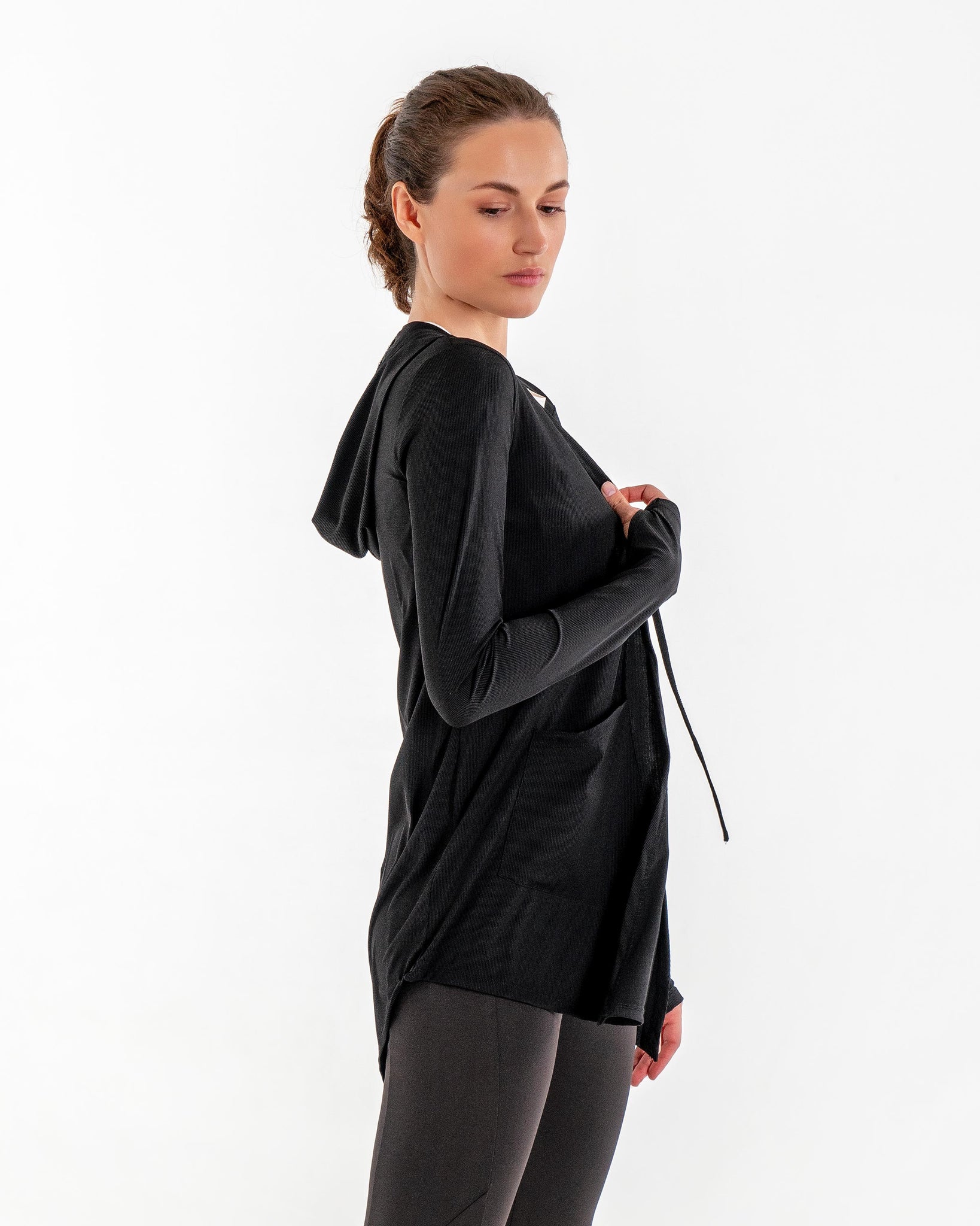 Move It Cardigan in black by Veil Garments. Modest activewear collection.