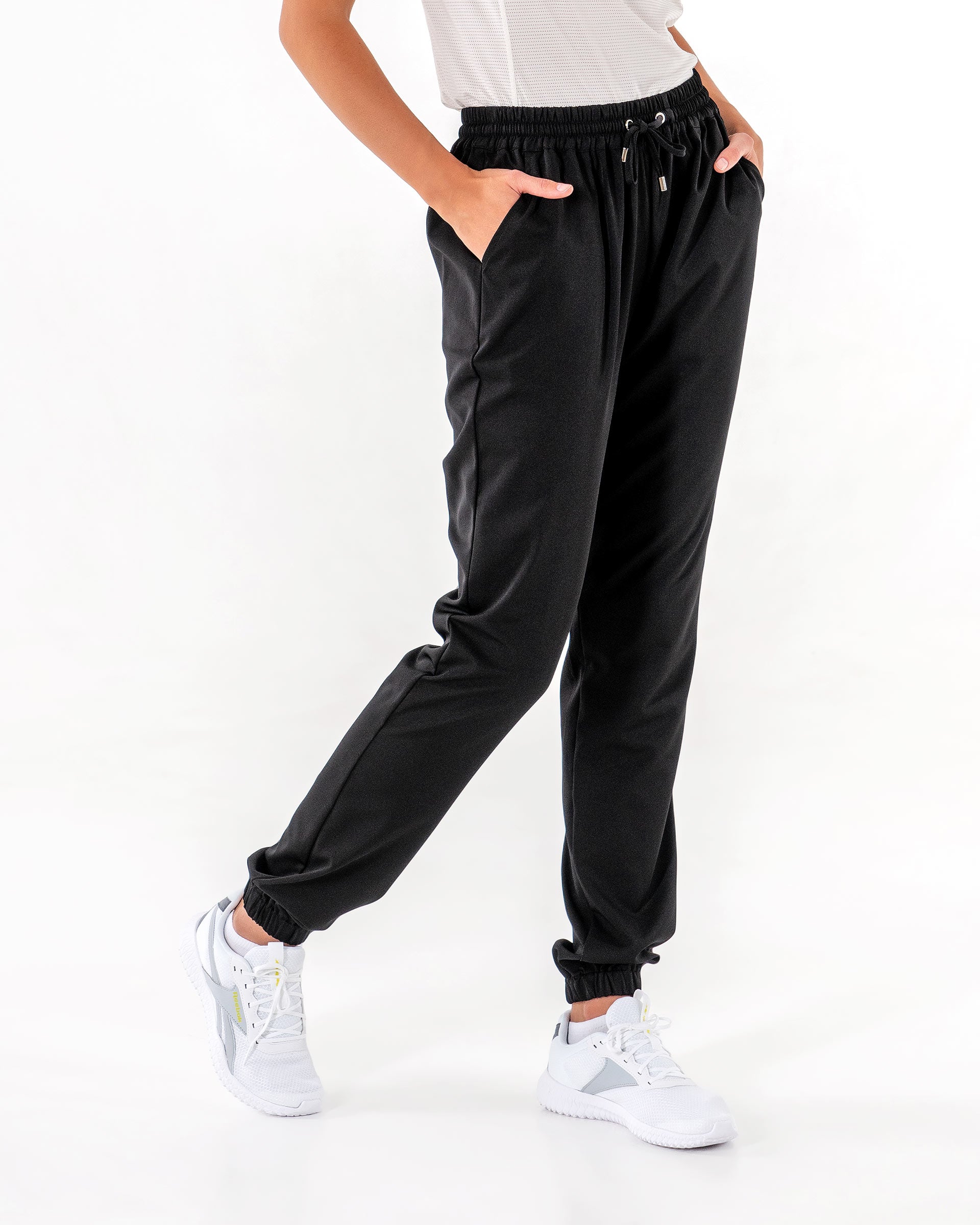 Glider Drawstring Jogger in Black by Veil Garments. Modest activewear collection.

#color_black