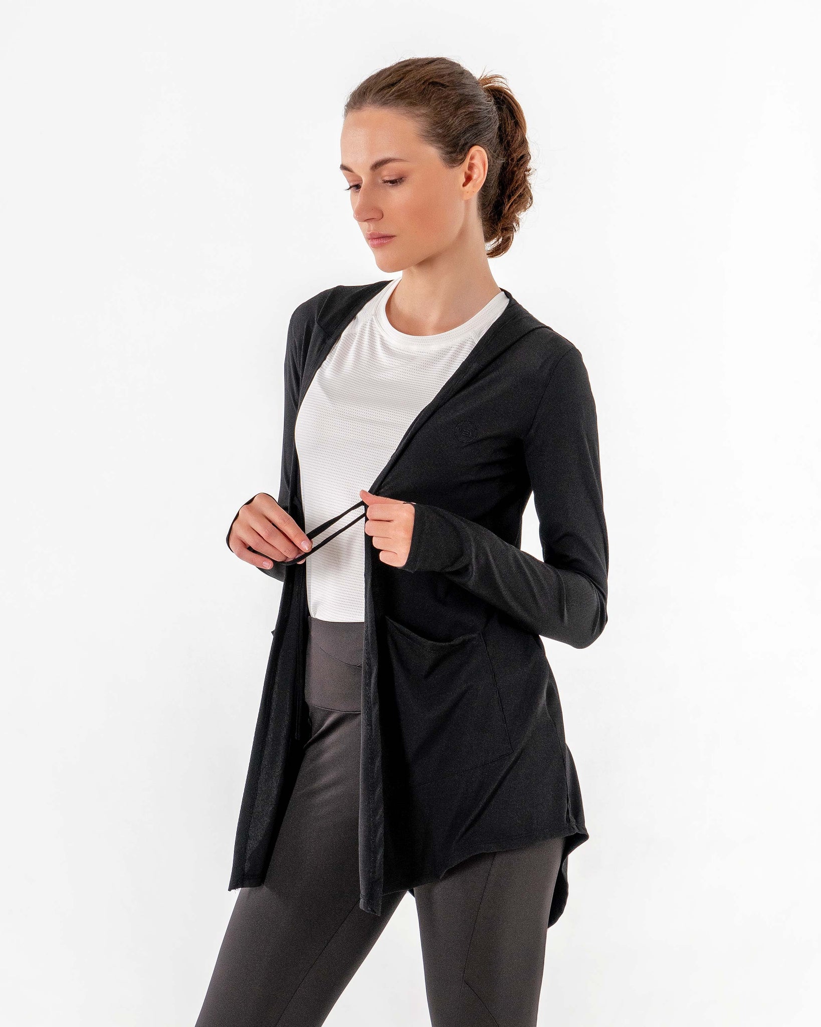 Move It Cardigan in black by Veil Garments. Modest activewear collection.