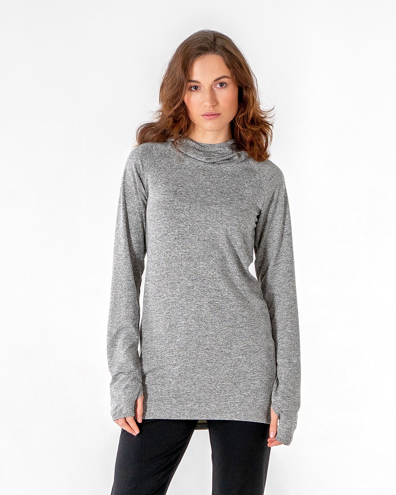 Halo Running Hoodie in heathered grey by Veil Garments. Modest activewear collection.