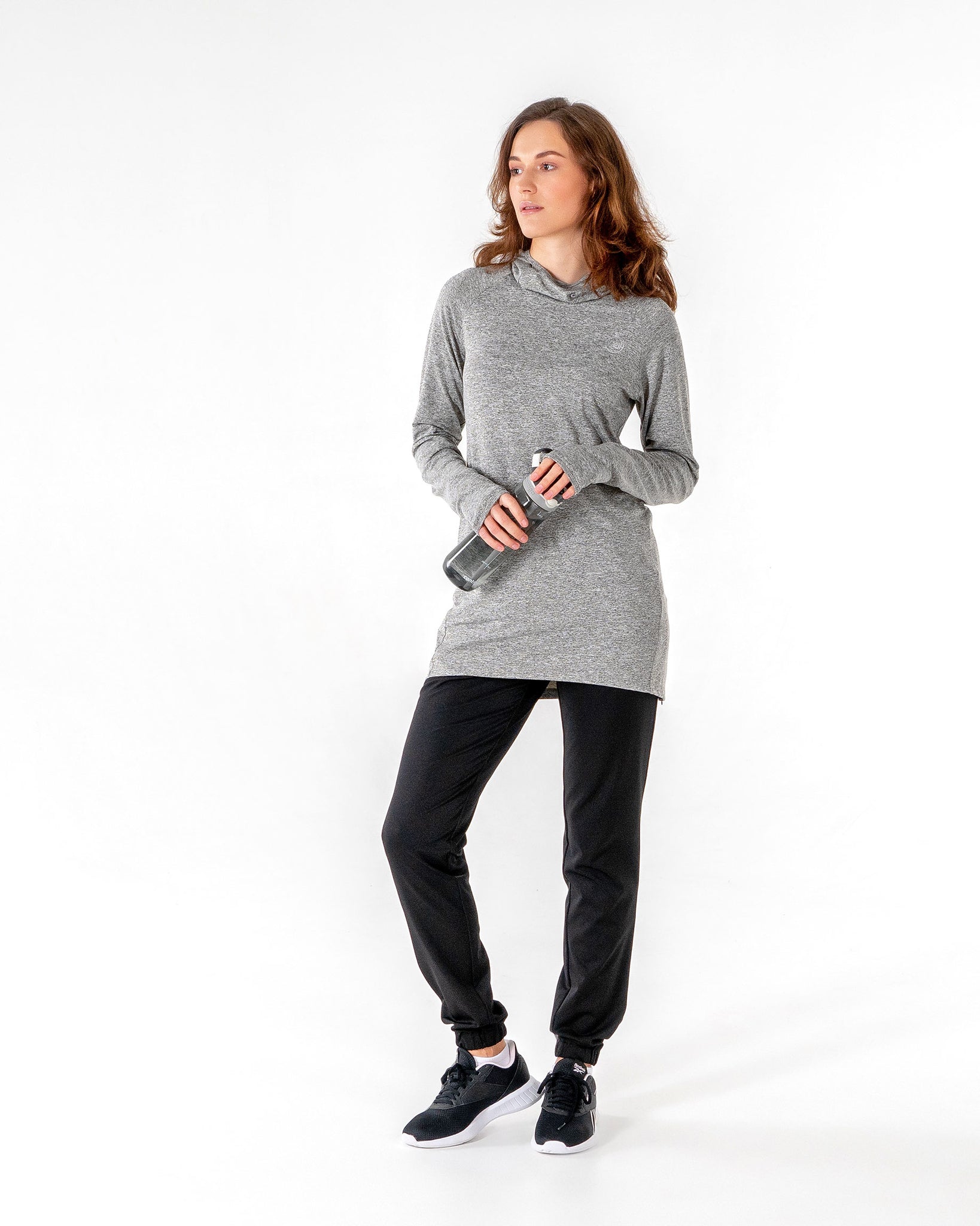 Halo Running Hoodie in heathered grey by Veil Garments. Modest activewear collection.