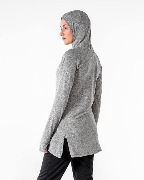 Heathered grey Halo Running Hoodie from the side with the scuba hood up and the hem slit open at the hip.

#color_heathered-grey